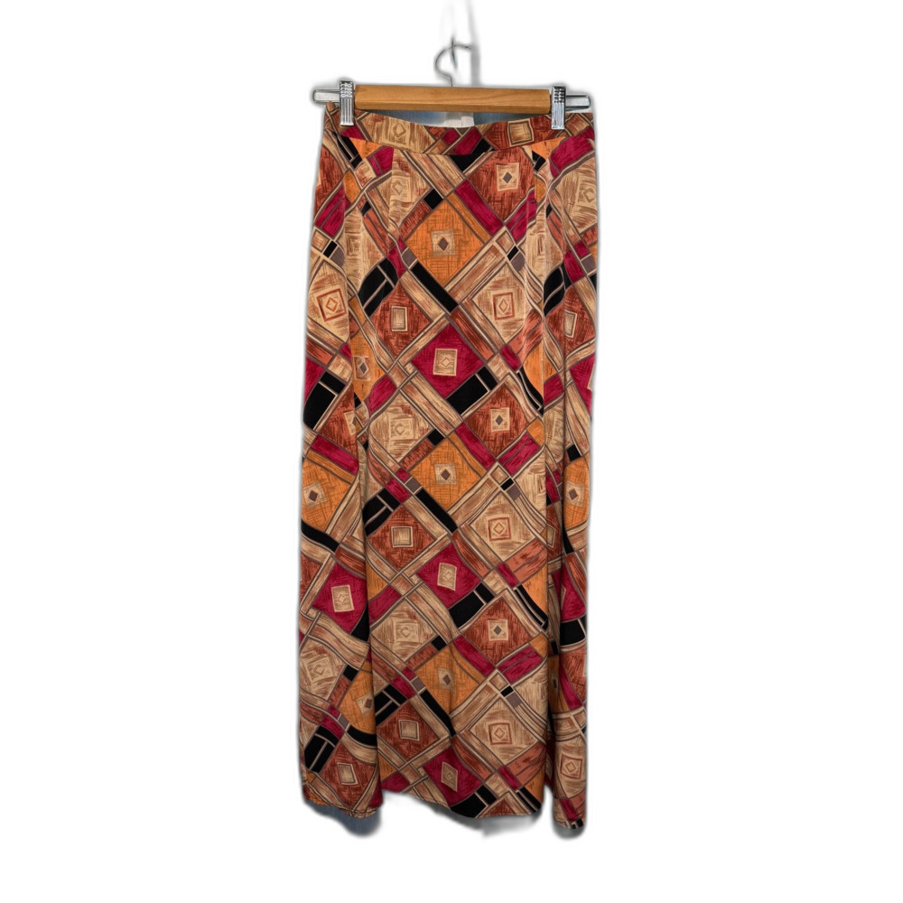 Vintage 90s Abstract Geometric Maxi Skirt – Orange, Red & Black Boho Midi